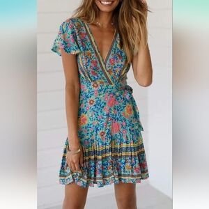 Boho V Neck Wrap Dress